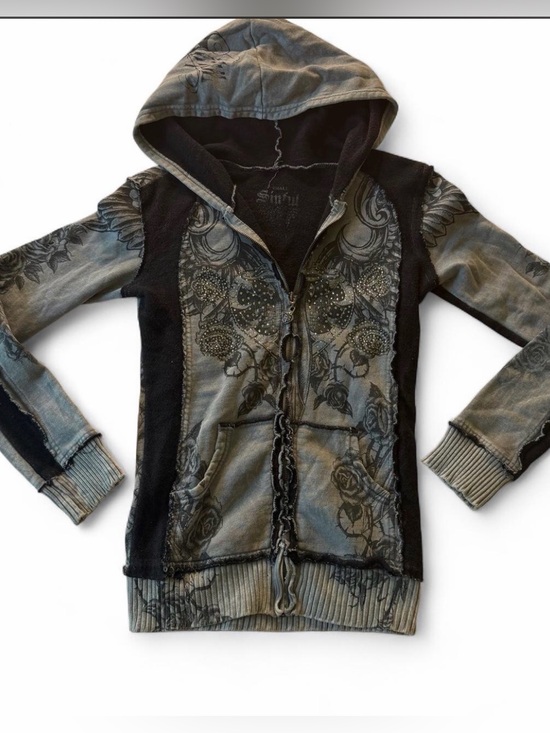 Sinful Sweaters - Vintage Y2K Sinful by Affliction Zip Hoodie Grey Black Rhinestone Graphic Small